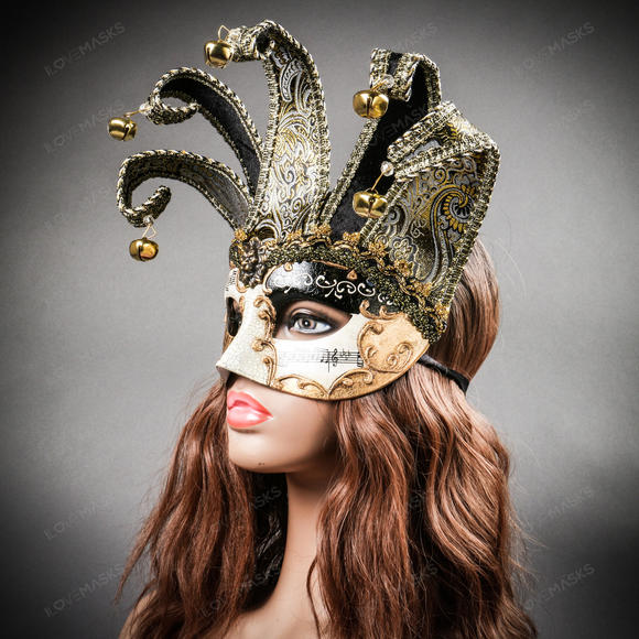 Jester Joker Venetian Musical Eye Mask with Bells - Black Gold - Picture 9 of 10